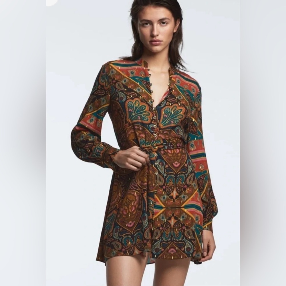 Zara Paisley Print Tie Waist Mini Dress XS Boho